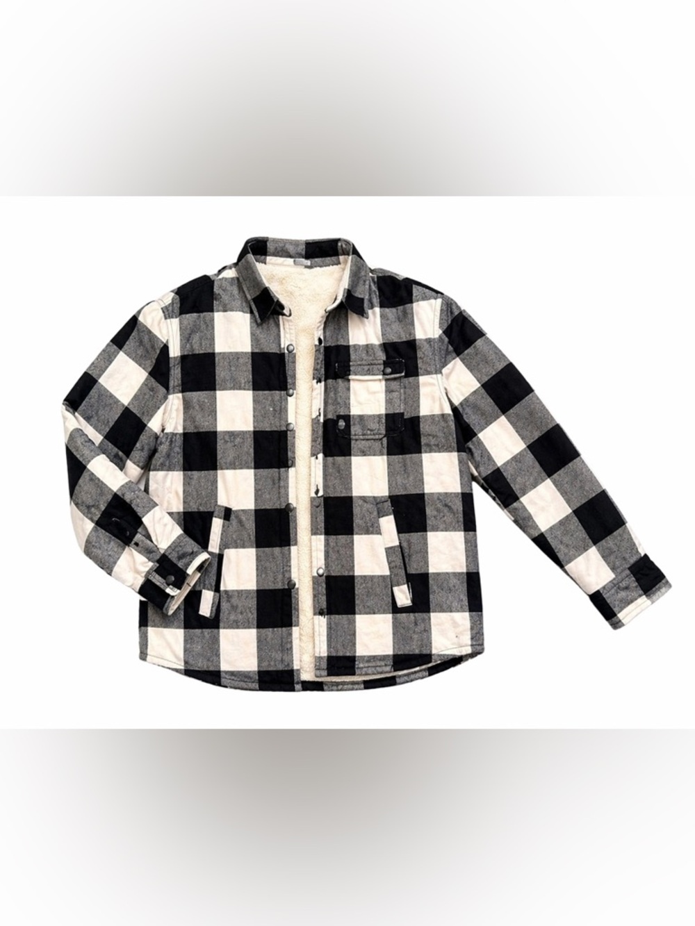 Uniqlo Kids Black & White Buffalo Plaid Sherpa-Lined Shirt Jacket